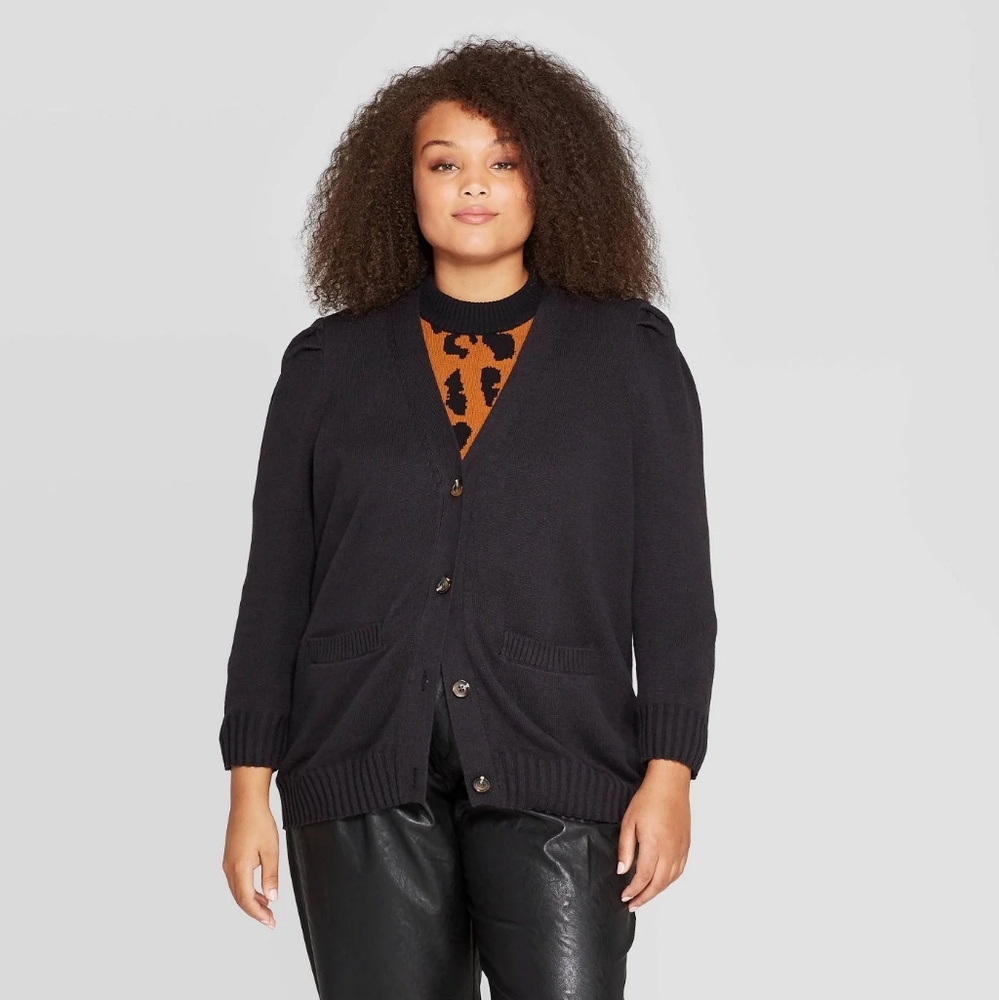 WHO WHAT WEAR Puff Shoulder Cardigan Sweater Sz XXL Black